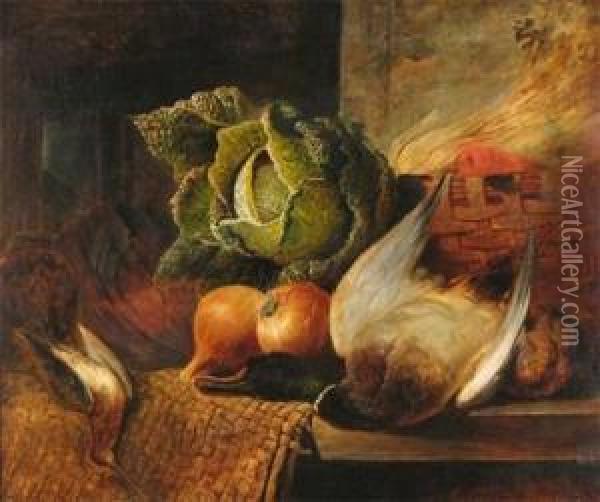 Still Life Of Vegetables, Game And Pickles On A Table Oil Painting - Benjamin Blake