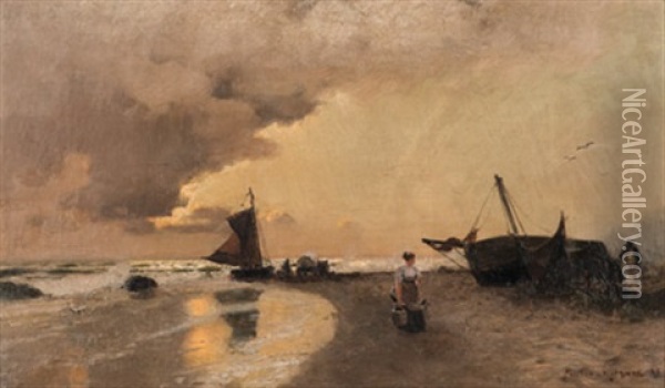 Segelboote Am Ostseestrand Oil Painting - Konrad Alexander Mueller-Kurzwelly