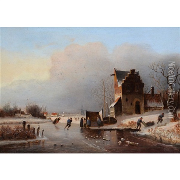 Skaters In A Winter Landscape Oil Painting - Jan Jacob Spohler