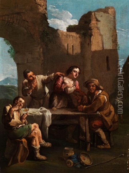 Szene In Einer Italienischen Ruinen-taverne Oil Painting - Paolo Monaldi