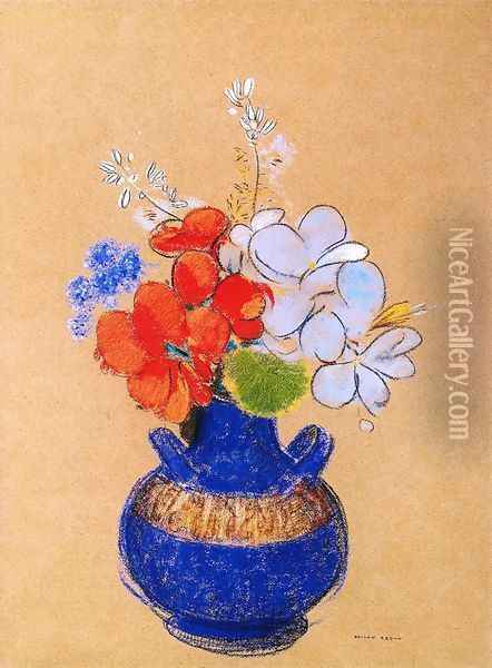 Flowers In A Blue Vase Oil Painting - Odilon Redon