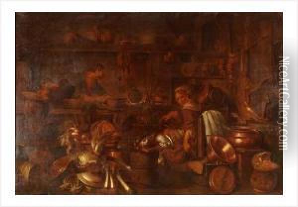 Scene D'interieur De Cuisine Avec Des Pieces De Cuivre Oil Painting - Gian Domenico Valentino
