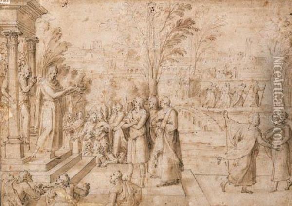 Figures Imploring A Priest On The Steps Of A Temple Oil Painting - Antoine Caron