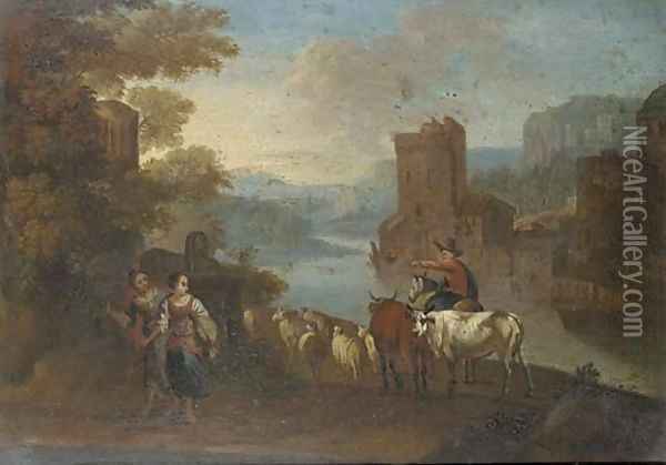 An Italianate river landscape with shepherdesses and a herdsmen, a town beyond Oil Painting - Hendrik Frans van Lint (Studio Lo)