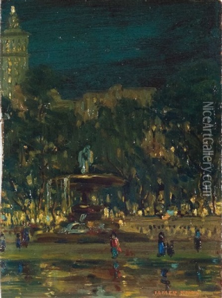 Street Scene With Fountain Oil Painting - James Knox