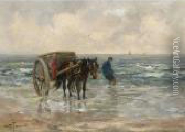 A Shellfisher In The Breakers Oil Painting - Willem George Fred. Jansen