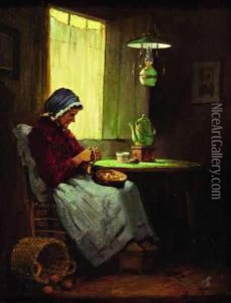 Aardappelschillende Vrouw In Interieur Oil Painting - Lammert Van Der Tonge