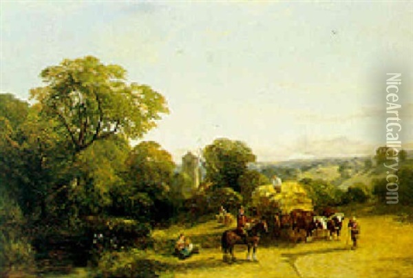 Harvesters In A Landscape Oil Painting - Henry Jutsum