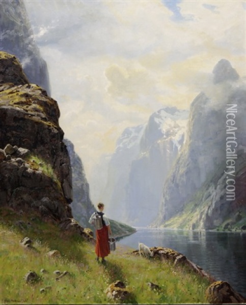 Norwegische Fjordlandschaft Mit Junger Frau Mit Melkeimer Und Weidender Oil Painting - Hans Andreas Dahl
