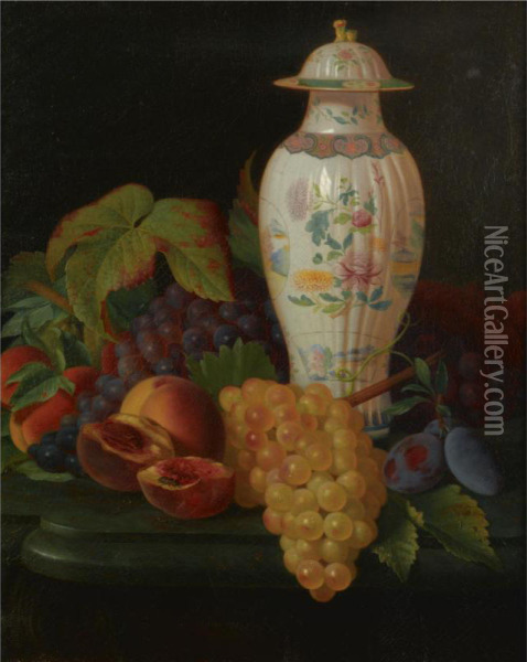 A Famille Rose Vase With Grapes, Peaches, Plums And Apricots On Atable Oil Painting - Antione Henault