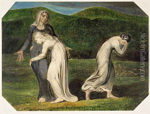 Naomi entreating Ruth and Orpah to return to the land of Moab, from a series of 12 known as 'The Large Colour Prints', 1795 Oil Painting - William Blake