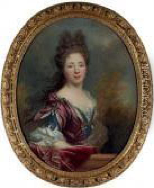 Portrait Of 
Marie-francoise-louise-therese Humbert, Wife Of Pierre Langlois, Maitre 
Des Comptes, Half-length, In A Blue And Violet Dress And Crimson Shawl, 
Behind A Parapet Oil Painting - Nicolas de Largillierre