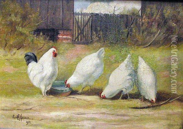 Chickens In A Barnyard Oil Painting - Paul E. Harney
