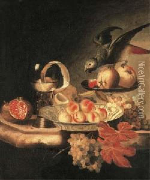 A Wanli-kraak Porselein Bowl Of 
Peaches, A Peeled Lemon In Aroemer, Apples And Parakeet In A Tazza And A
 Pomegranate, Grapes Ona Ledge Oil Painting - Tobias Stranover