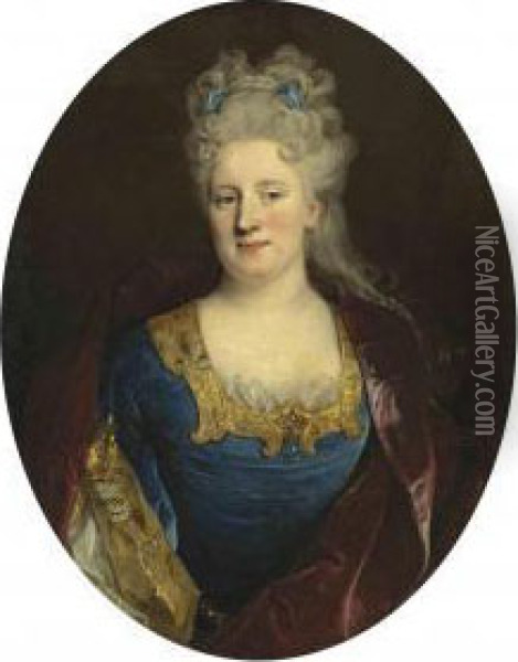 Portrait Of Madeleine Le Roux, 
Wife Of Manzeray De Courvaudon,half-length, In A Blue Dress With Gold 
Trim, Ribbons In Herhair Oil Painting - Nicolas de Largillierre