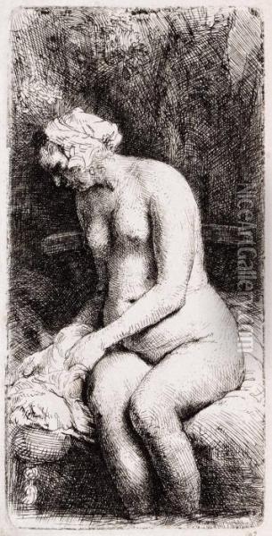 Woman Bathing Her Feet At A Brook Oil Painting - Rembrandt Van Rijn