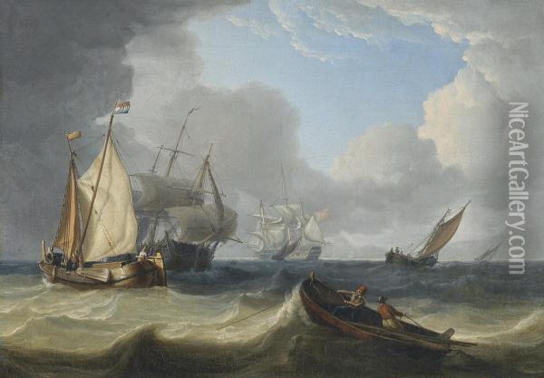 Dutch Fishing Smacks And Trading Vessels Off The Coast In A Heavy Swell Oil Painting - Charles Martin Powell