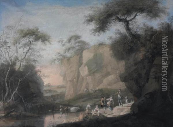 A Rocky Wooded Landscape With 
Figures Dancing And Resting By A Pool And Herdsmen Driving Cattle Oil Painting - Jean-Baptiste Pillement