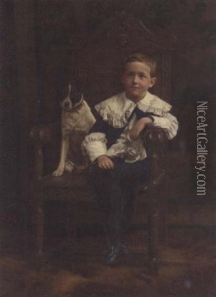 Portrait Of A Boy In A Blue Coat And Breeches, A Jack Russell By His Side, In An Interior Oil Painting - John William Schofield