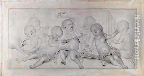 An allegory of Music, with putti singing and playing music, en grisaille an overdoor Oil Painting - Jacob de Wit