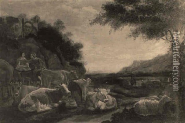 Figures And Farm Animals In A Landscape With Classical Ruins Oil Painting - Jan Asselijn