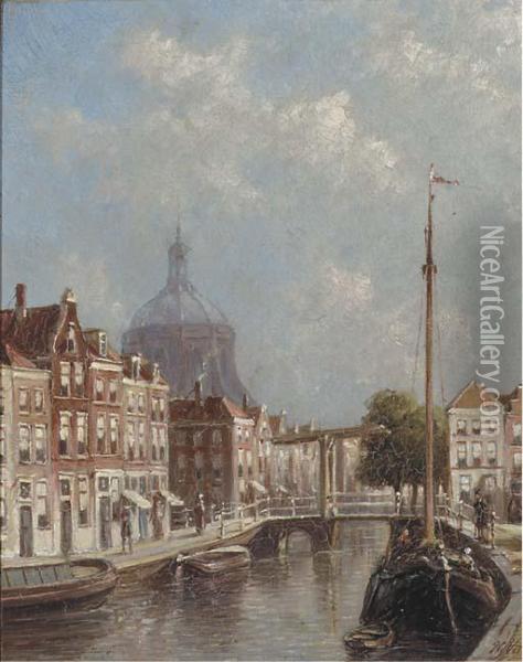 View Of The Oude Singel, Leiden, With The Marekerk Beyond Oil Painting - Pieter Gerard Vertin