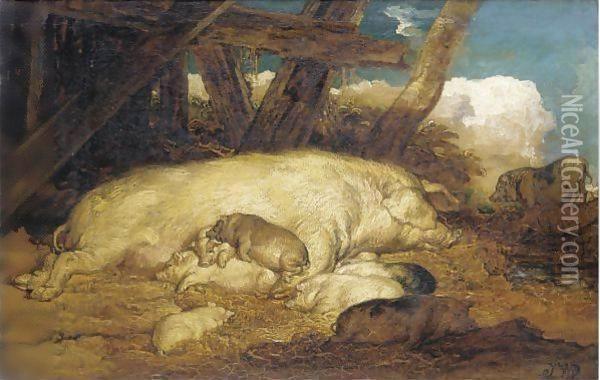 A Sow With Piglets Oil Painting - James Ward