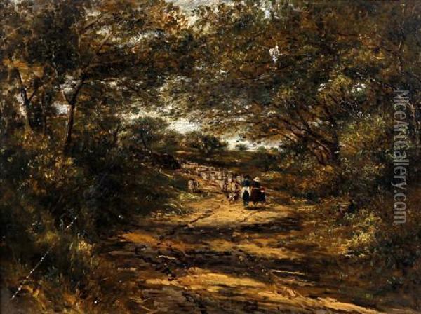 Three Figures Driving Sheep On A Shaded Lane Oil Painting - David Cox Snr.