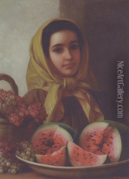 Young Woman With Watermelon And Grapes Oil Painting - George Henry Hall