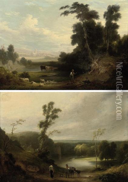 The Return From Market; And A View Of Kirstall Abbey Oil Painting - Joseph Rhodes