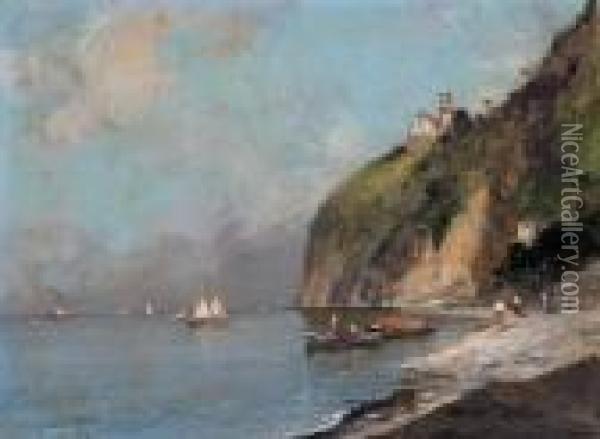 Paesaggio Costiero Con Pescatori E Barche Oil Painting - Oscar Ricciardi