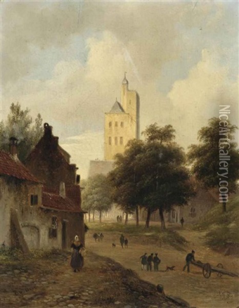 Daily Activities In A Dutch Town, A Tower Beyond Oil Painting - Bartholomeus Johannes Van Hove