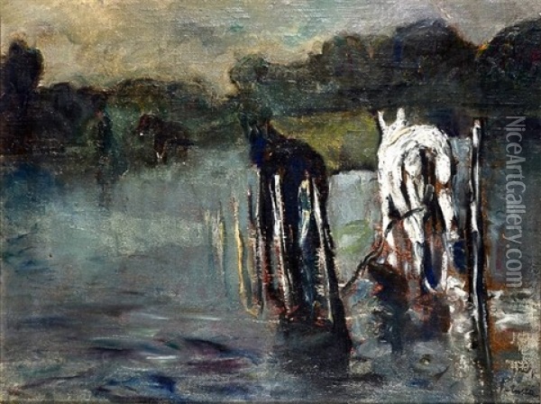 Chevaux Dans Le Gue (le Passage Des Eaux) Oil Painting - Adolphe Peterelle