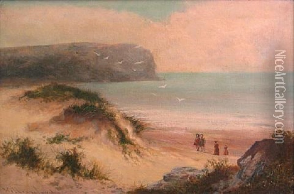 Coastal Scene With Figures Walking Among Dunes Oil Painting - William Langley