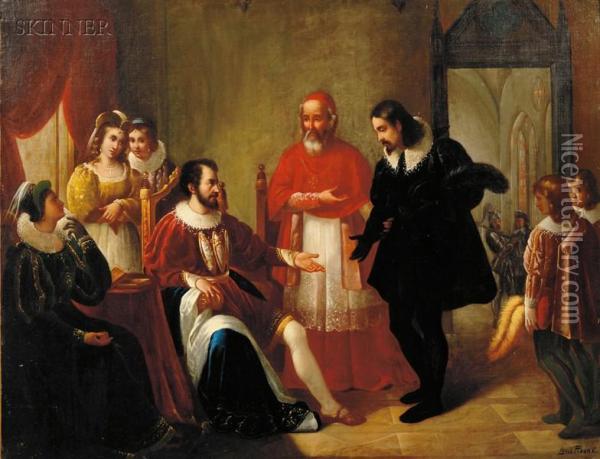 Cardinal D' Este Presenting Torquato Tasso To The Duke Offerrara And His Sisters, Lucrece And Leonore Oil Painting - Louis Pisani