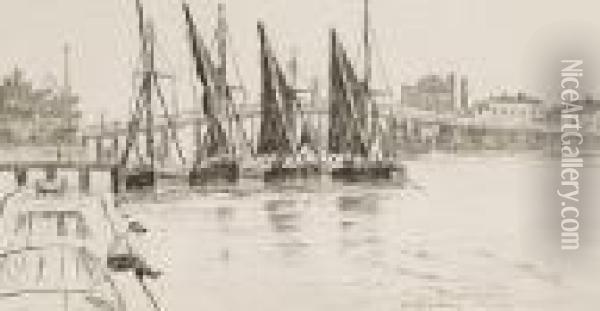Old Battersea Bridge With Sail Barges Oil Painting - Walter Greaves