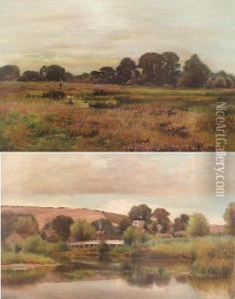 Farmhouses Near A River; A River Landscapewith A Bridge (a Pair) Oil Painting - Ernest Parton