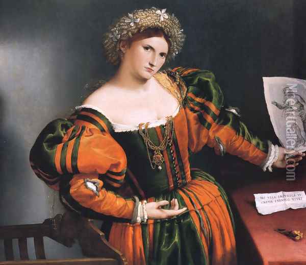 Portrait Of A Lady With A Picture Of The Suicide Of Lucretia Oil Painting - Lorenzo Lotto