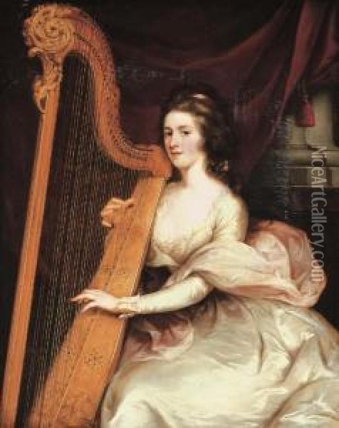 Portrait Of Lady Jane Mildmay, 
Seated Three-quarter-length, In Awhite Silk Dress Playing The Harp Oil Painting - John Francis Rigaud