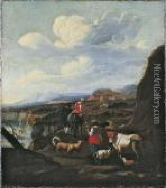 Sudliche Landschaft Mit Figuren Und Weidendem Vieh. Oil Painting - Nicolaes Berchem