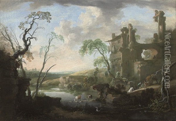 An Italianate Landscape With Drovers And Their Herd By A River Oil Painting - Pierre Antoine Patel
