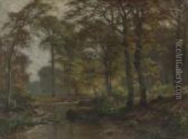 Herbstliche Waldlichtung Mit Bach Und Rehwild Oil Painting - Heinrich Bohmer