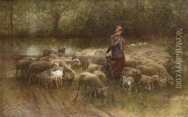 A Young Shepherdess Oil Painting - Luigi Chialiva
