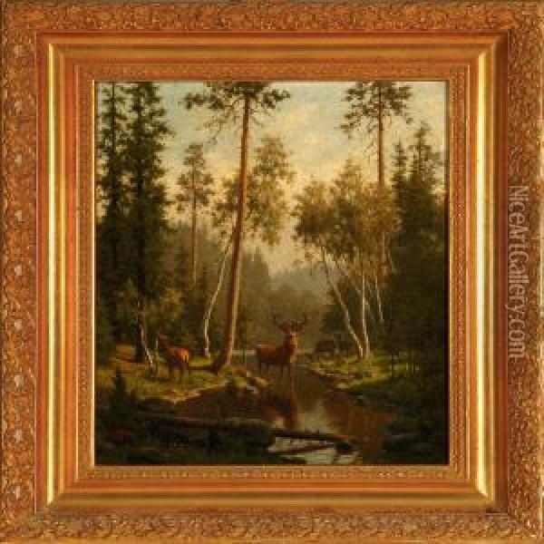 Spring Forest With Deer At A Stream Oil Painting - Carl Henrik Bogh