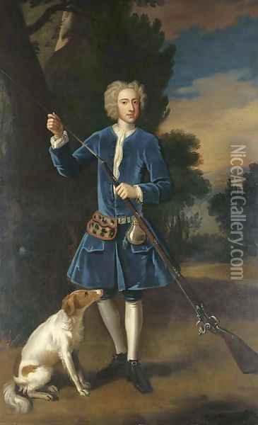 Portrait of a gentleman, full-length, in a blue velvet coat, loading his gun, a spaniel at his side, in a landscape Oil Painting - Enoch Seeman