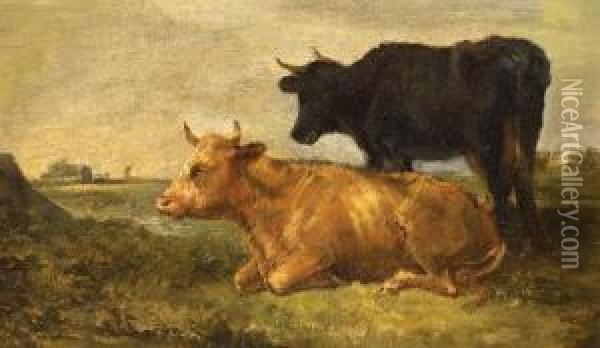 Harvest Scene; Cattle Study Oil Painting - Arthur James Stark