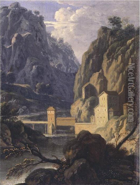 A Rocky Landscape With A Bridge And Buildings By A River Oil Painting - Jan Frans Van Bloemen (Orizzonte)