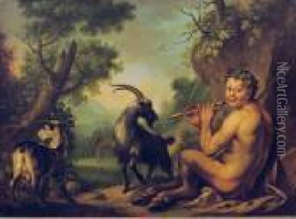 Pan Playing The Flute Whit His Goats In A Landscape Oil Painting - Philipp Peter Roos