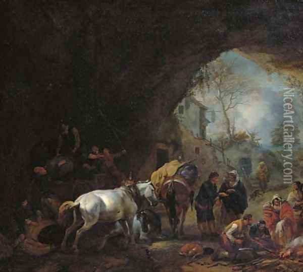 A grotto with travellers unloading a wagon, a gypsy fortune-teller, a blacksmith and other figures Oil Painting - Philips Wouwerman
