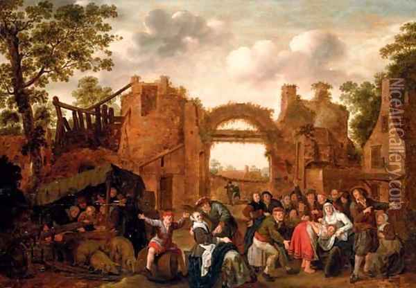 Villagers merrymaking and playing La main chaude amongst ruins Oil Painting - Jan Miense Molenaer